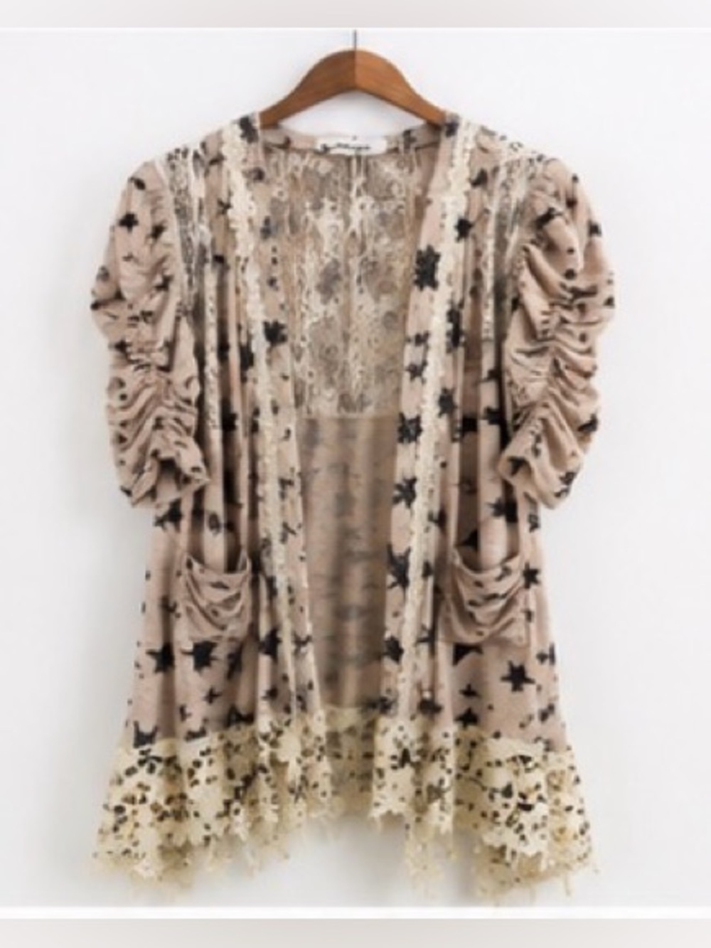 NWT Origami Star Lace Duster Cardigan S/M Ruched Sleeve Boho Western